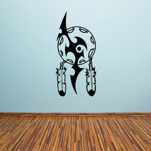 Black dreamcatcher wall decal with tribal circle and hanging feather shapes