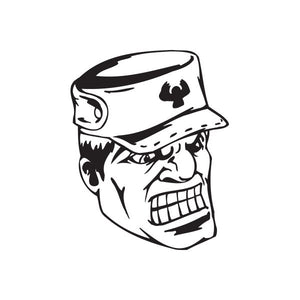Drill sergeant face decal: black-and-white illustrated head with cap