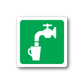 Drinking water sticker with white faucet and cup icon, green square.