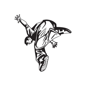 Parkour decal with black and white athlete in midair kick pose