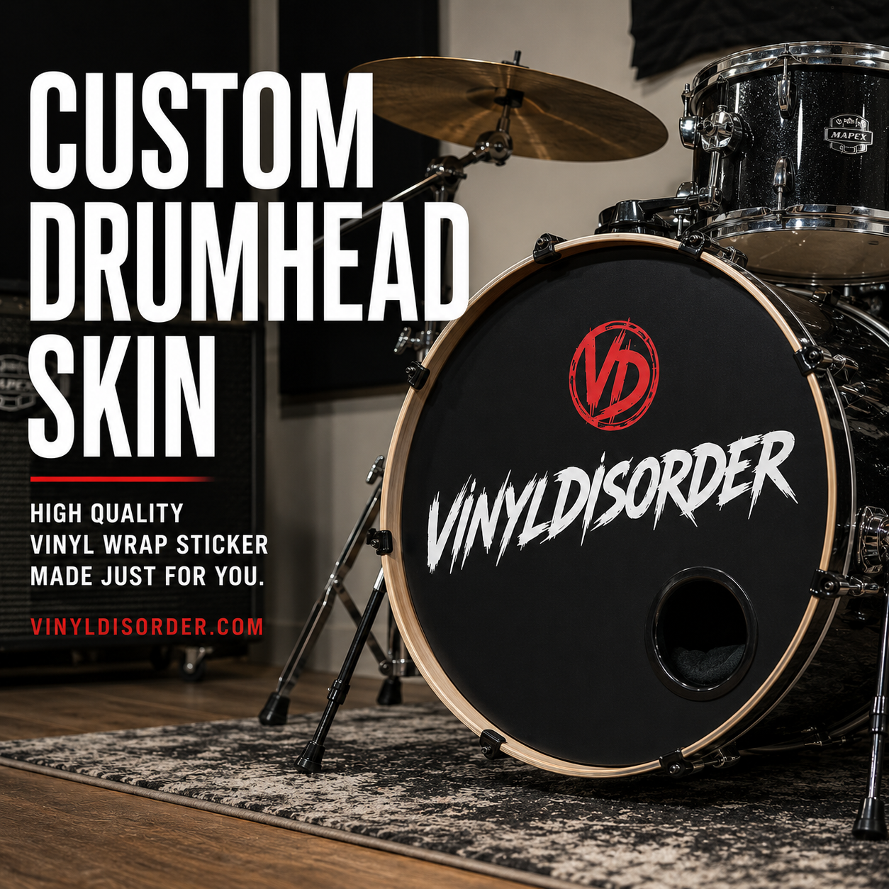 Black custom drumhead vinyl wrap sticker with red emblem and white graphic text