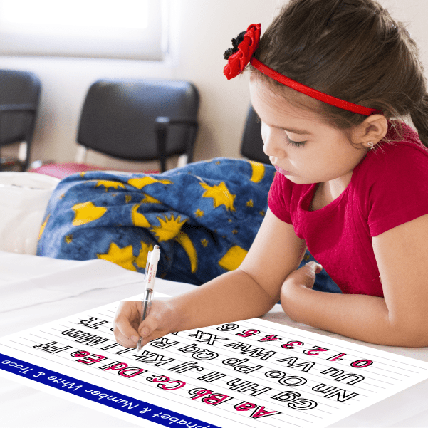 Alphabet and number write-and-trace dry-erase sticker sheet with tracing lines