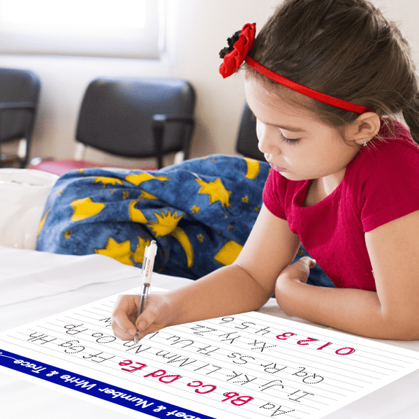 Dry erase learn-to-write sticker with alphabet and number practice lines