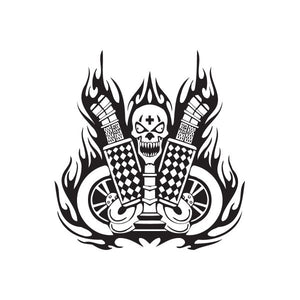 Skull flames dual exhaust decal, black-and-white graphic with two checker-pattern pipes