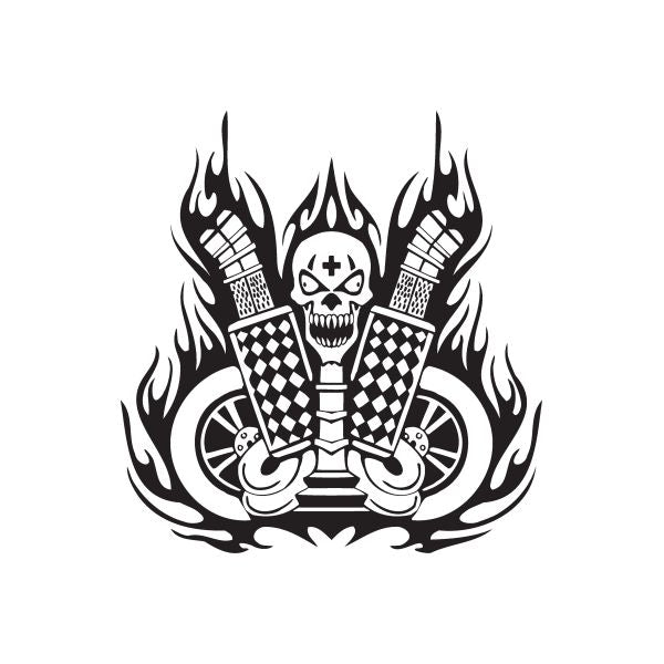 Skull flames dual exhaust decal, black-and-white graphic with two checker-pattern pipes