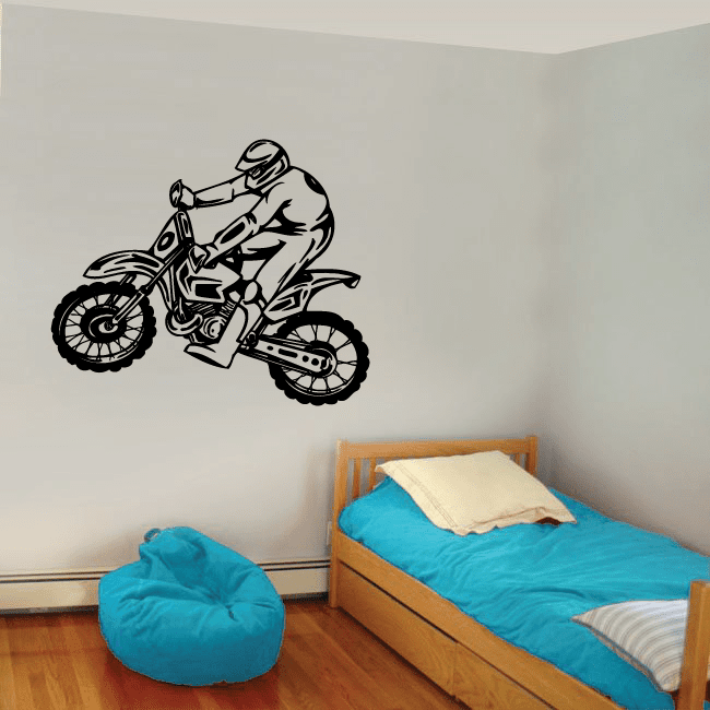Dirt bike rider decal with black line-art rider and motorcycle