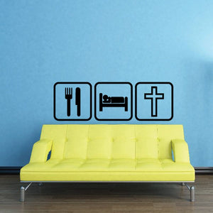 Eat sleep cross wall decal with fork, bed, and cross icons in black outline