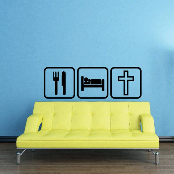 Eat sleep cross wall decal with fork, bed, and cross icons in black outline