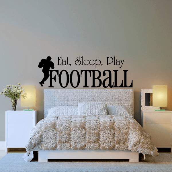 Football wall decal with silhouette and text: Eat, Sleep, Play FOOTBALL.
