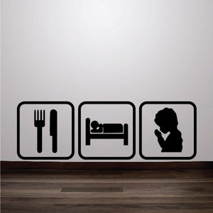 Praying-themed wall decal set with fork, bed, and praying silhouette icons
