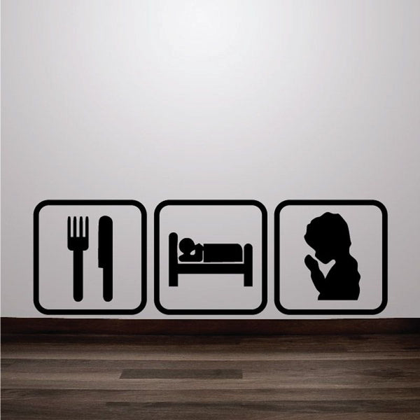 Praying-themed wall decal set with fork, bed, and praying silhouette icons