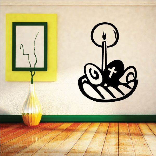 Egg and bread wall decal in black and white line art with flame and bread lines