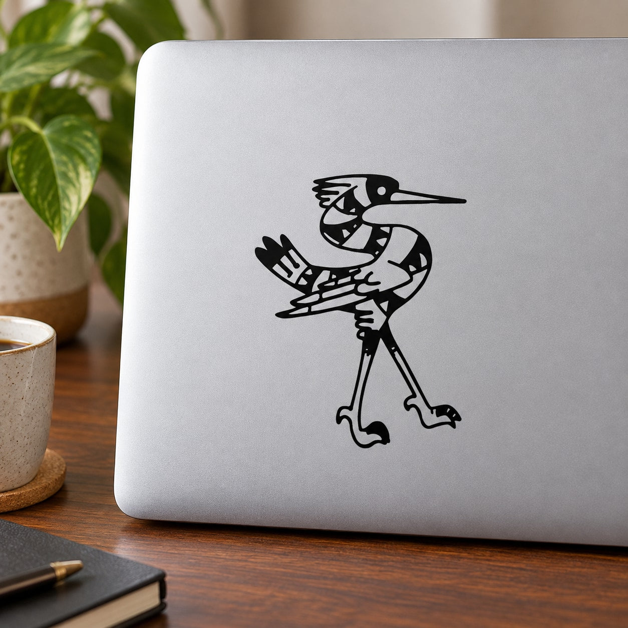Native egret walking decal with black line-art bird figure