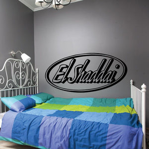 Oval El Shaddai wall decal, black and white lettering on dark surface.