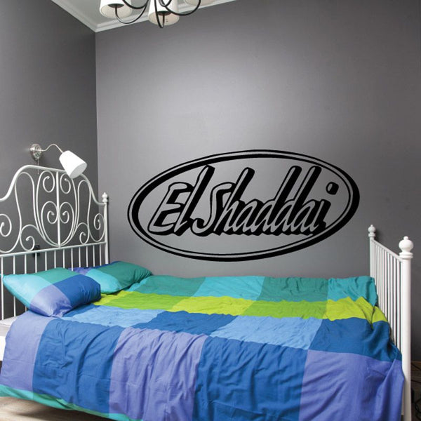 Oval El Shaddai wall decal, black and white lettering on dark surface.