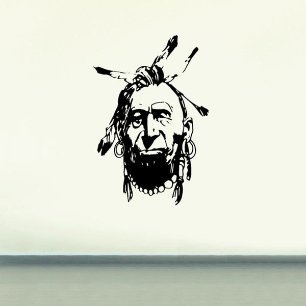 Native American elder face decal, black and white illustrated portrait