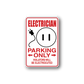 Red electrician parking only sticker with lightbulb and plug icon, warning text