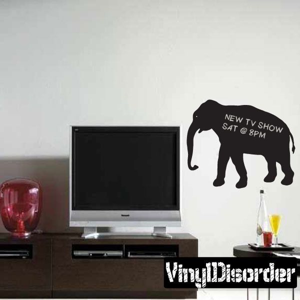 Elephant chalkboard decal with text "NEW TV SHOW SAT 8PM" in white on black