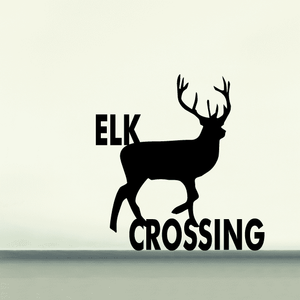Black elk crossing vinyl wall decal with antlers and ELK CROSSING text