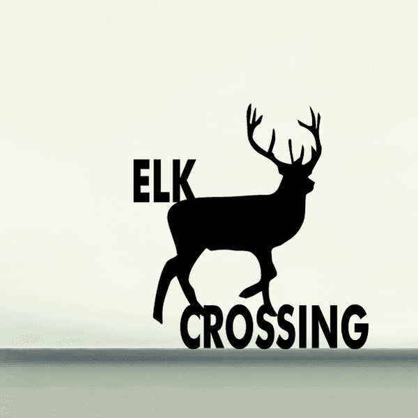 Black elk crossing vinyl wall decal with antlers and ELK CROSSING text