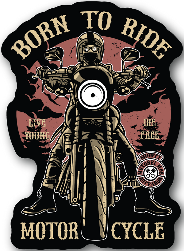 Motorcycle vinyl sticker: helmeted rider, Born to Ride and Motor Cycle text