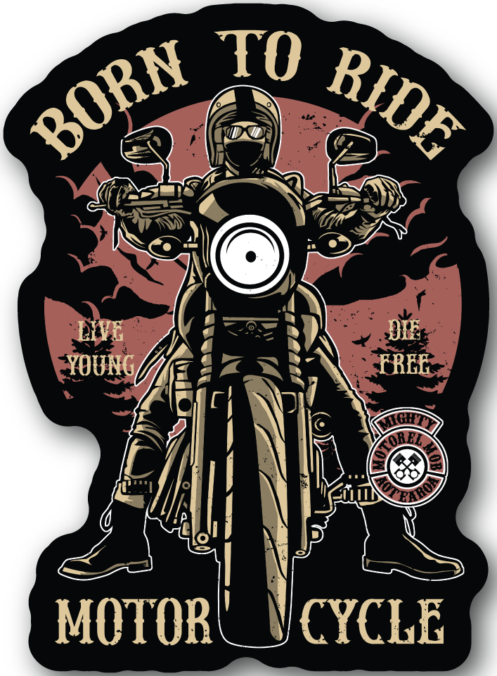 Motorcycle vinyl sticker: helmeted rider, Born to Ride and Motor Cycle text