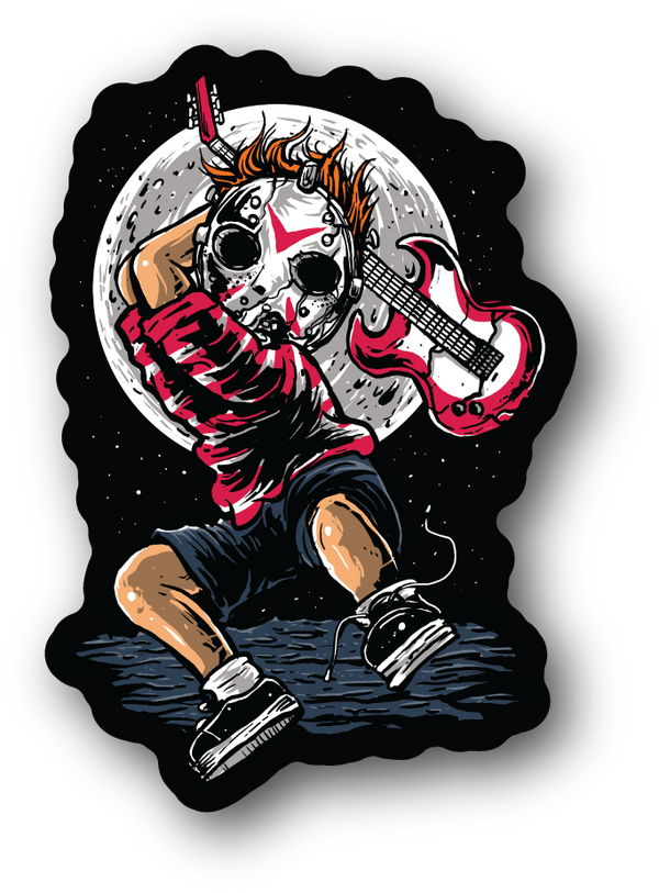 Vinyl sticker of a cartoon character smashing a guitar with both hands