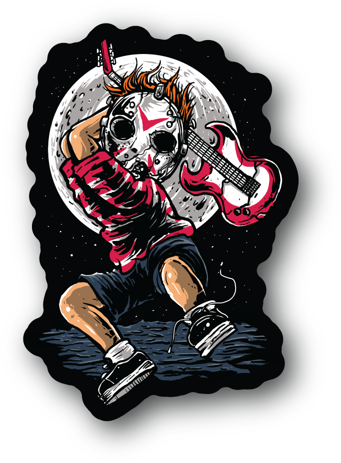 Vinyl sticker of a cartoon character smashing a guitar with both hands