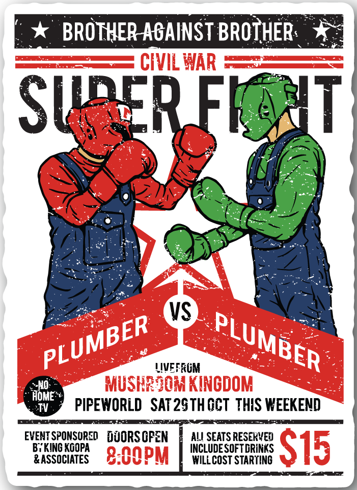 Vinyl sticker with two cartoon plumbers fist-fighting and bold text: SIDE WITH PLUMBER