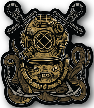 Octopus diver vinyl sticker with gold scuba helmet and tentacles, outlined design