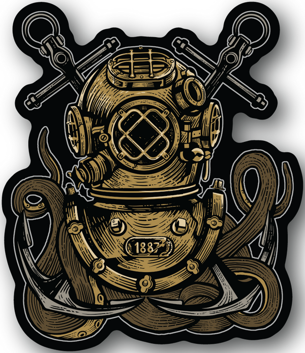 Octopus diver vinyl sticker with gold scuba helmet and tentacles, outlined design