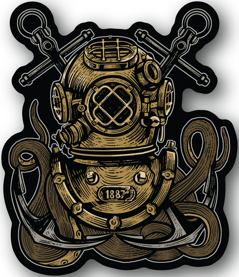 Octopus diver vinyl sticker with gold scuba helmet and tentacles, outlined design