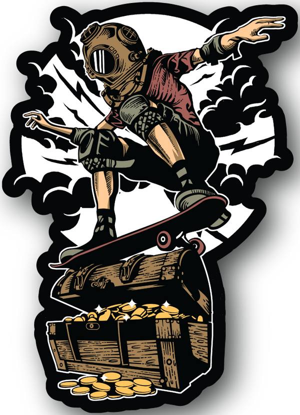 Skateboarding diver vinyl sticker, illustrated scuba diver on skateboard with coins