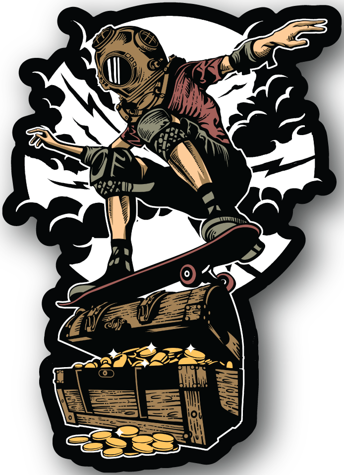 Skateboarding diver vinyl sticker, illustrated scuba diver on skateboard with coins