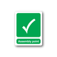 Emergency assembly point sticker, green with white check icon and 'Assembly point' text