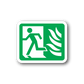 Emergency door sticker: green sign with white wheelchair icon and flame symbol