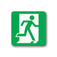 Green emergency door sticker with white evacuation pictogram of person and arrow