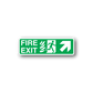 Fire exit sticker with green running figure, flames icon, and right arrow graphic