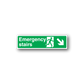 Green emergency stairs sticker with white border, text, and right-arrow stairs icon