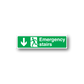 Green safety stairway down sticker with white Emergency stairs text and pictograms
