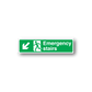 Green emergency stairs sticker with white border, arrow and stair person icon.