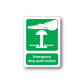 Emergency stop push-button sticker: green background, white hand icon and button symbol