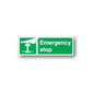Emergency stop safety sticker, green with white emergency stop text and hand icon