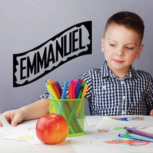 Emmanuel wall decal with bold black-and-white ribbon lettering