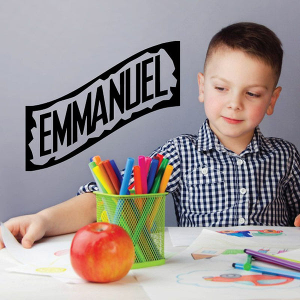 Emmanuel wall decal with bold black-and-white ribbon lettering
