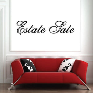 Black vinyl wall decal: 'Estate Sale' ornate cursive lettering
