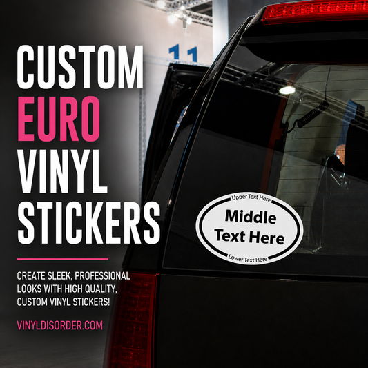 White circular custom euro vinyl sticker with center text and top and bottom lines
