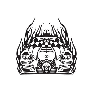 Car front end flames decal with black flame border and skull-faced grille graphic