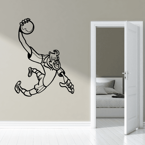 Cartoon rugby player wall decal, black outline of a player holding a ball overhead