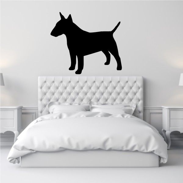 Black bull terrier decal silhouette with raised head and tail